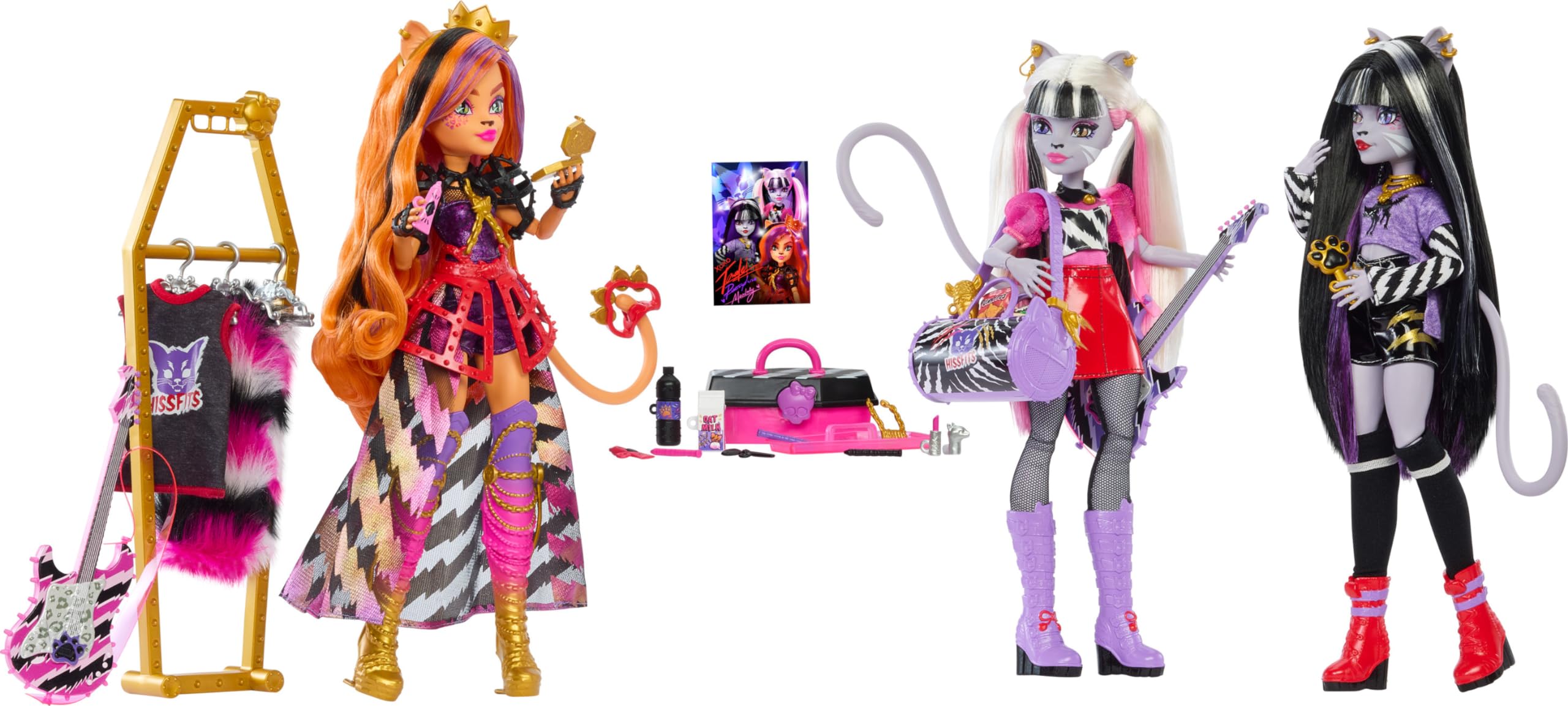 Monster High Hissfits stage guitars for pretend rock concerts and stage play.