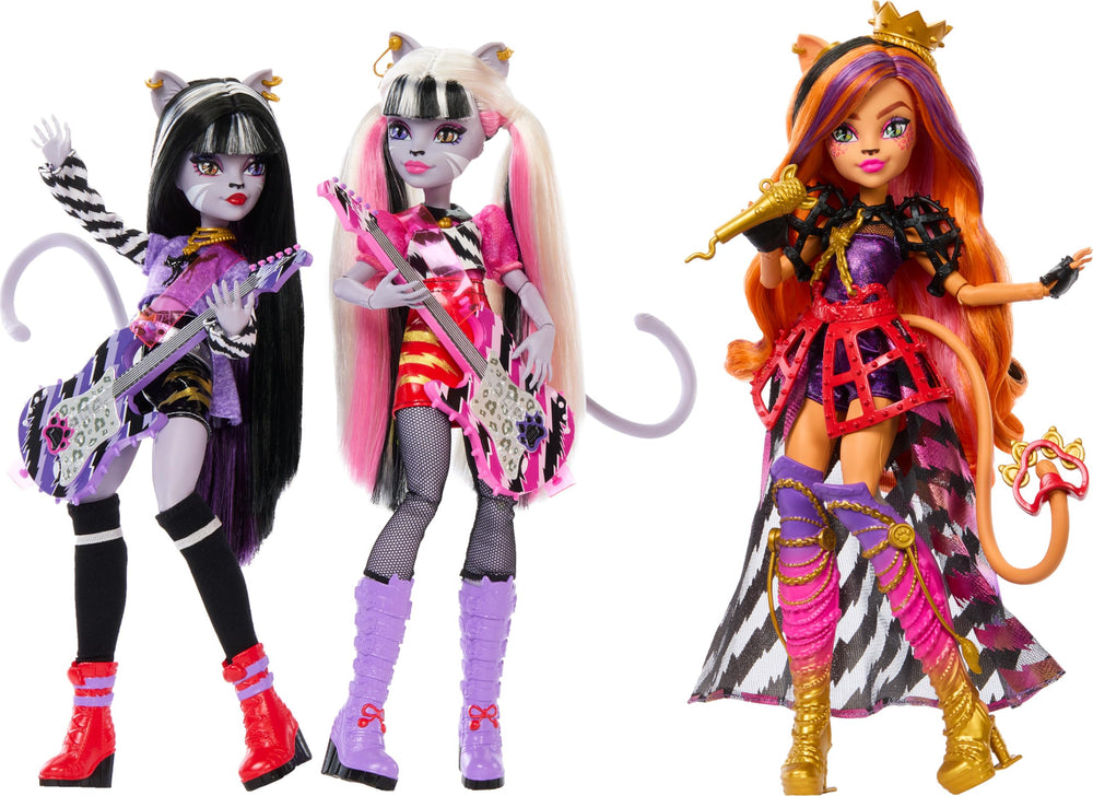 Monster High Hissfits Toralei Stripe doll in purple romper ready to perform on stage.