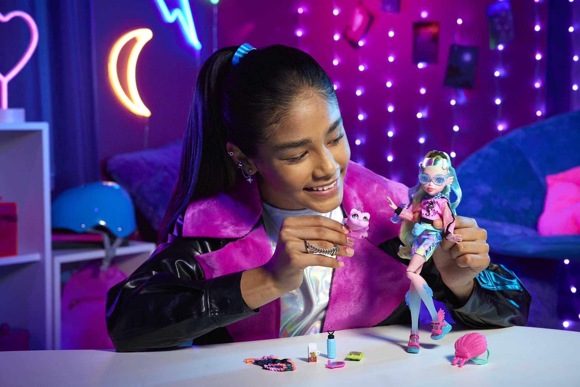 Monster High Lagoona Blue in hot pink hoodie with mesh sleeves for standout everyday looks
