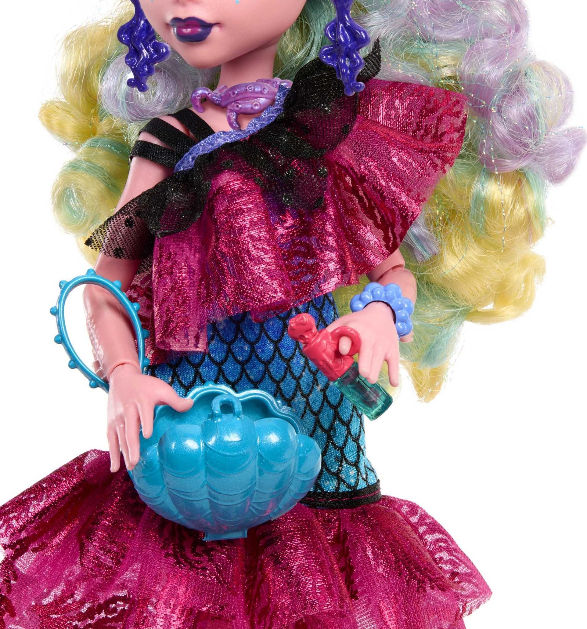 Monster High Lagoona Blue octopus earrings complete the sea-themed party look.