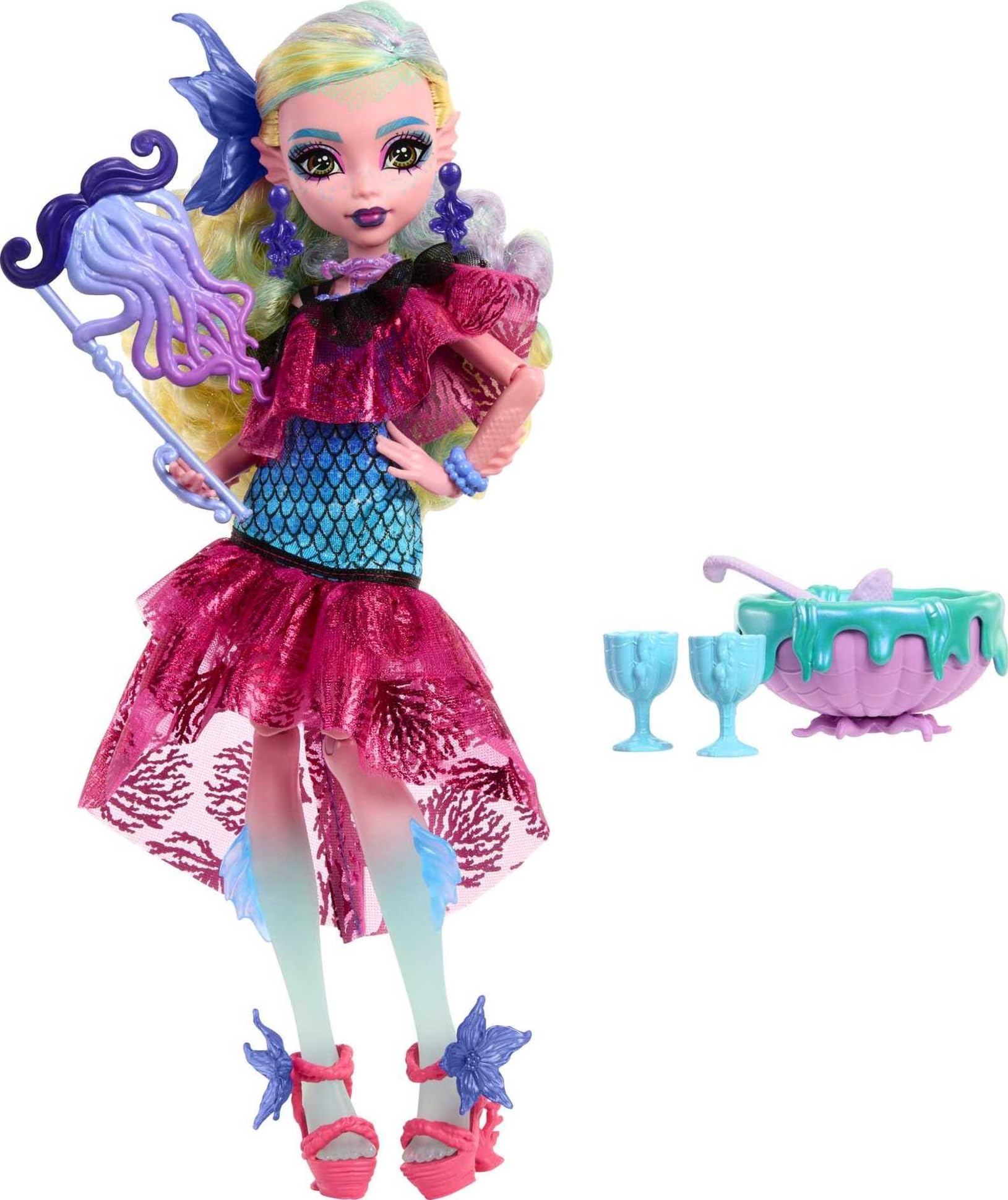 Monster High Lagoona Blue sea dress details highlight glamorous styling.