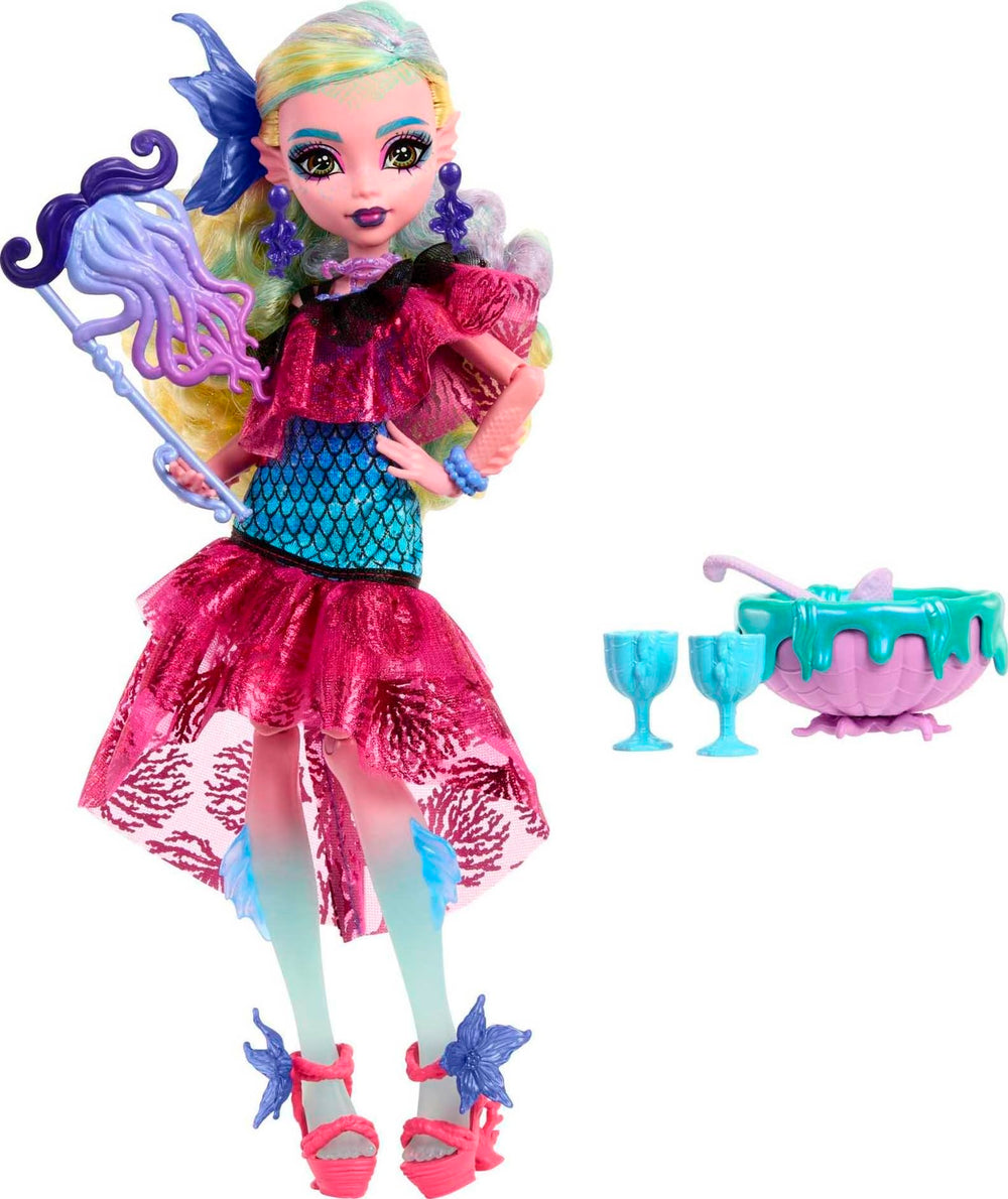Monster High Lagoona Blue sea dress details highlight glamorous styling.