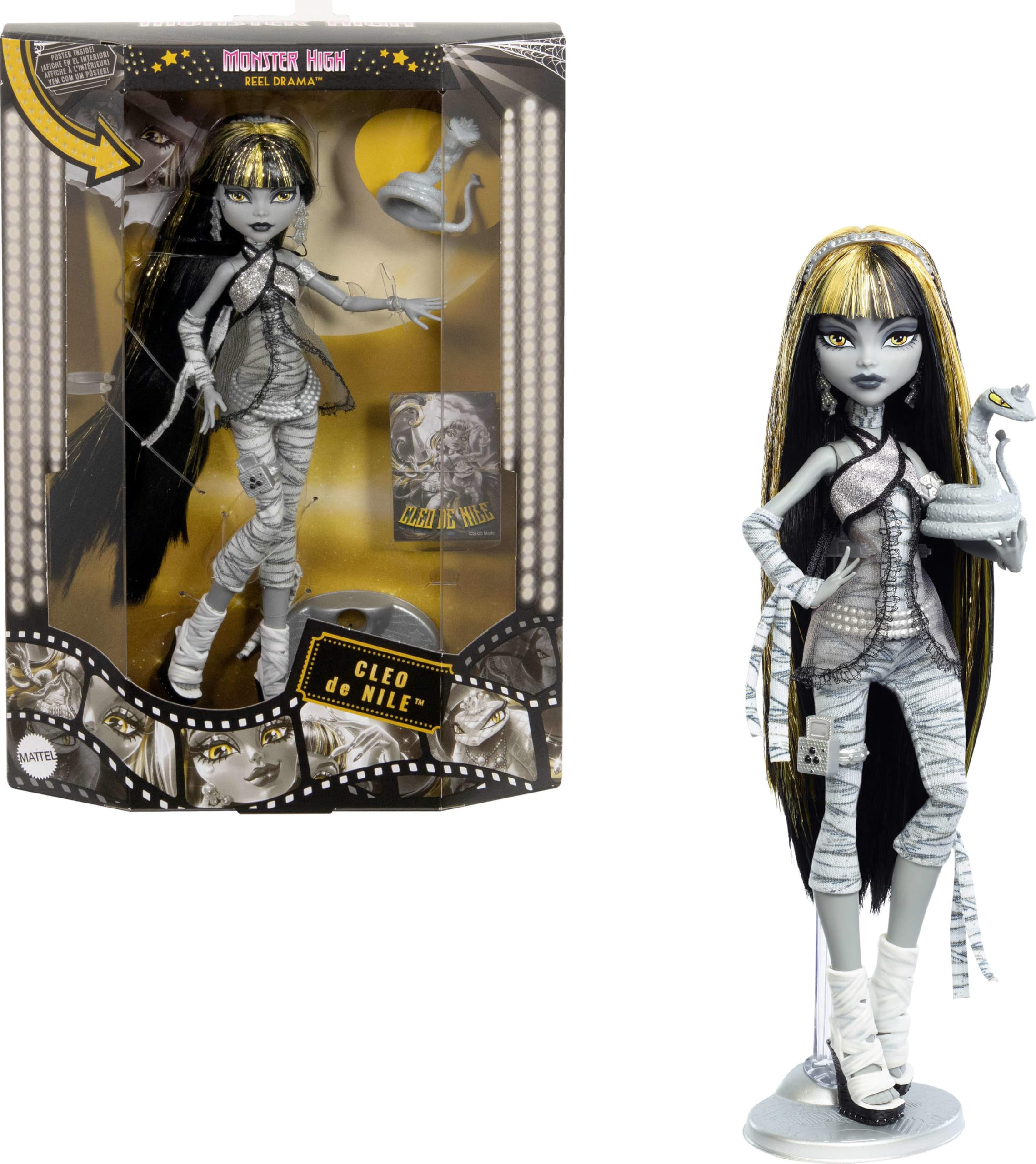 Monster High Reel Drama Cleo De Nile doll in black and white, poseable for display.