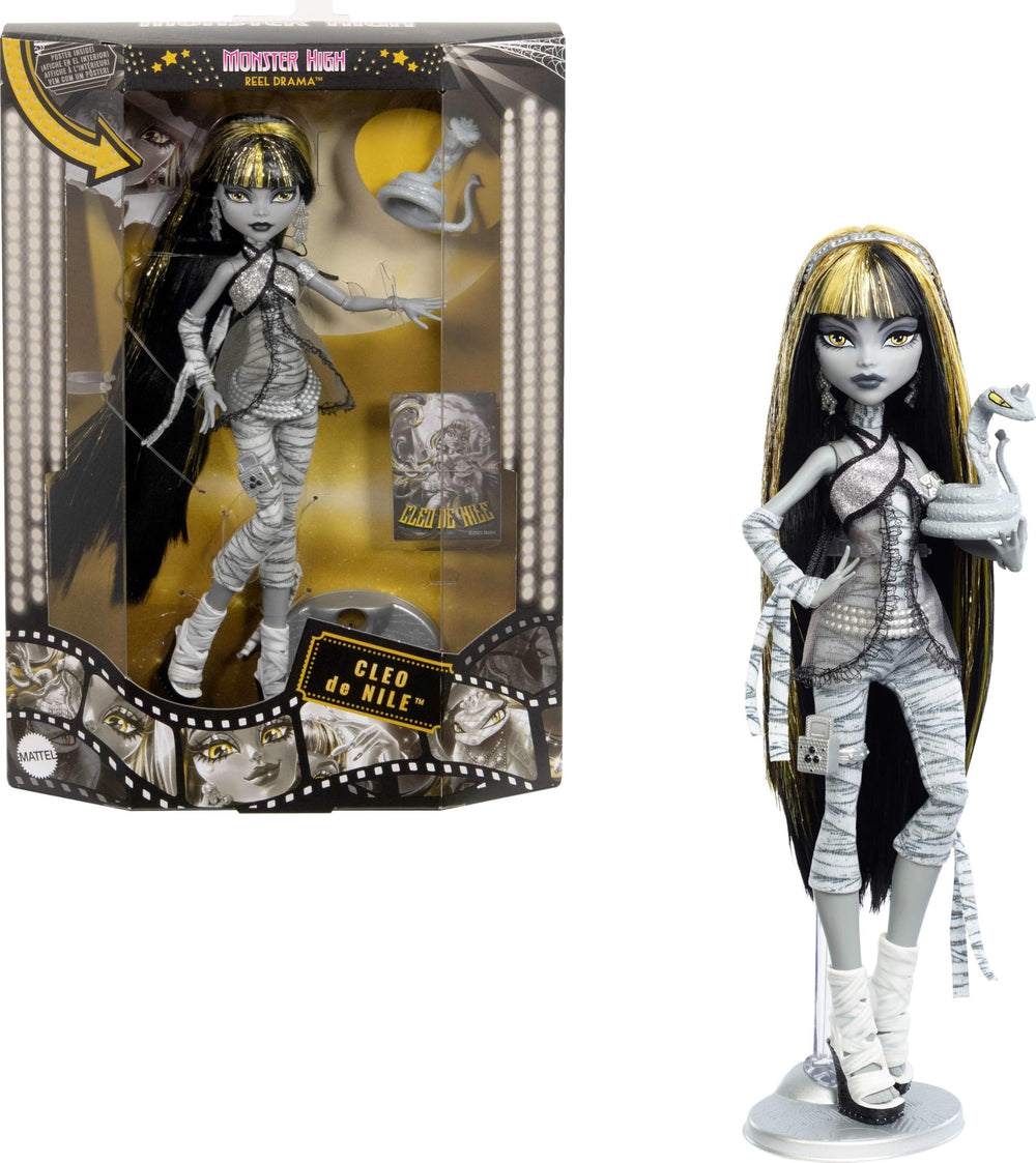 Monster High Reel Drama Cleo De Nile doll in black and white, poseable for display.