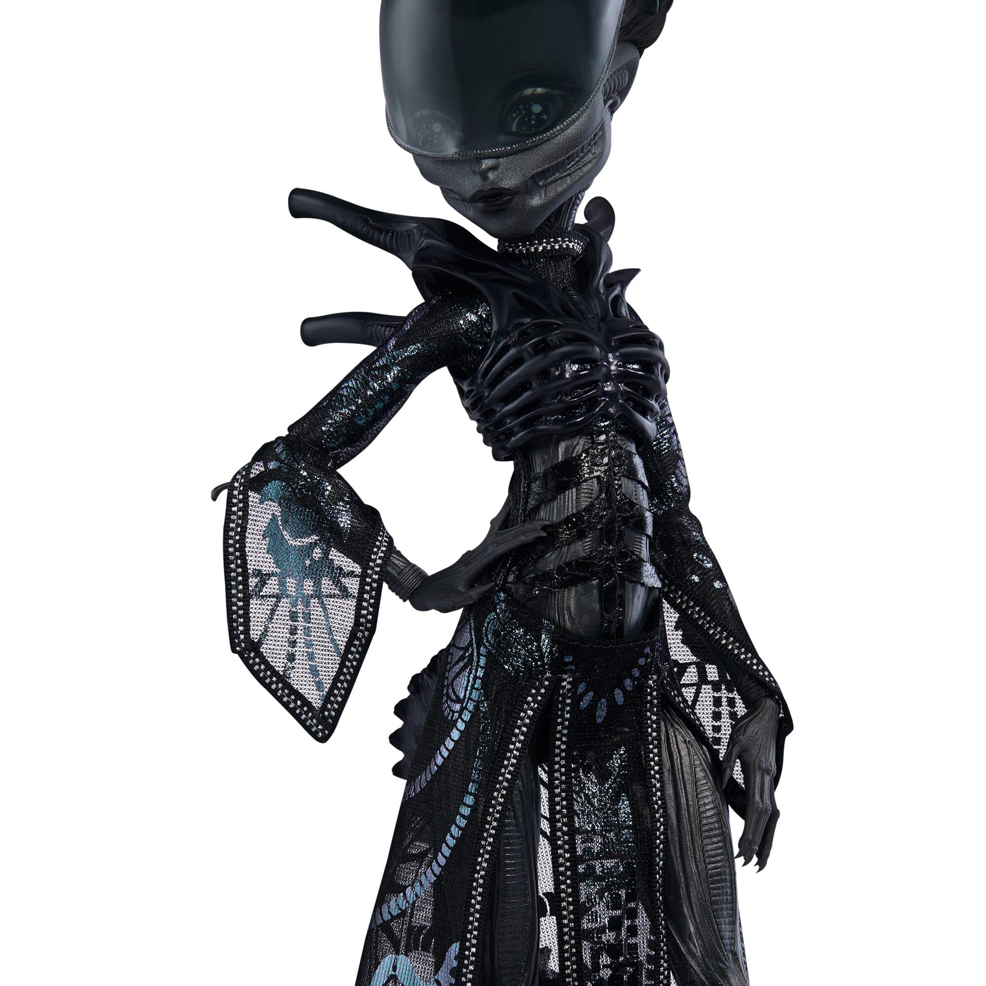 Monster High Skullector Alien Doll sheer black iridescent top and skirt look.