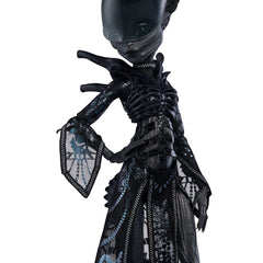 Monster High Skullector Alien Doll sheer black iridescent top and skirt look.