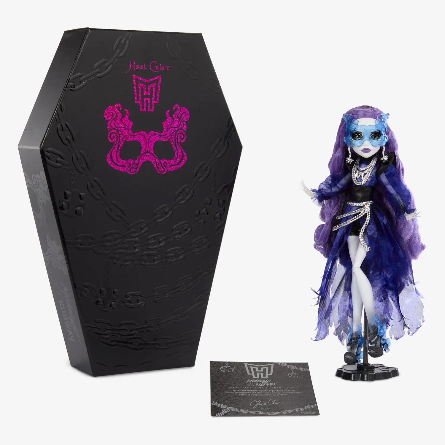 Monster High Spectra Vondergeist with sculptural mask and purple curls for dramatic posing