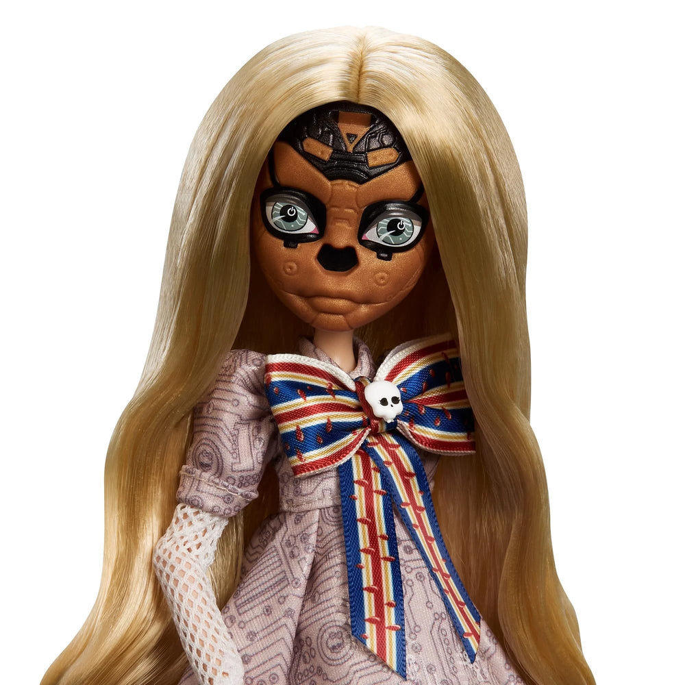 Monster High Skullector M3GAN dress detail with glossy circuit motif for collectors.