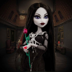 Monster High Skullector Morticia lace sleeves highlight intricate craftsmanship for display