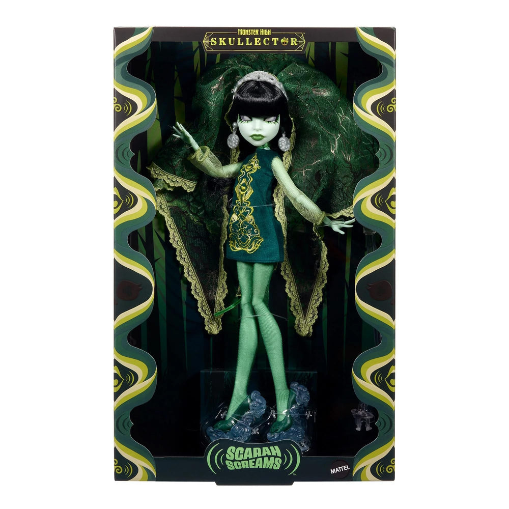 Monster High Skullector Scarah Screams scream emblem earrings add flair.