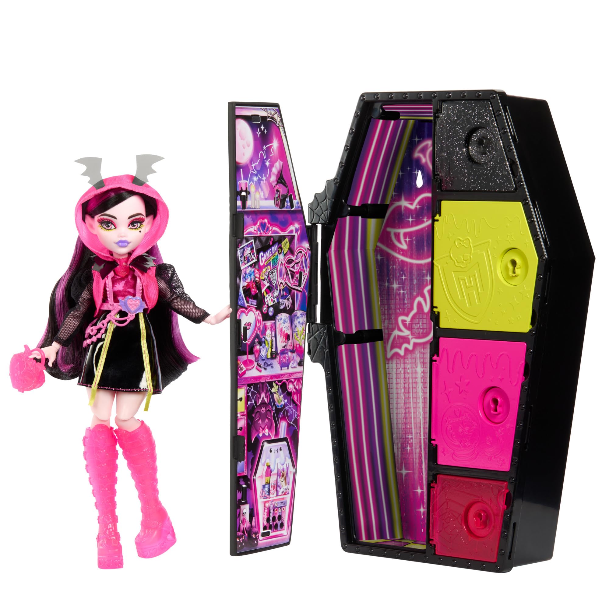 Monster High Draculaura Neon Frights locker opened for imaginative storytelling and easy storage.