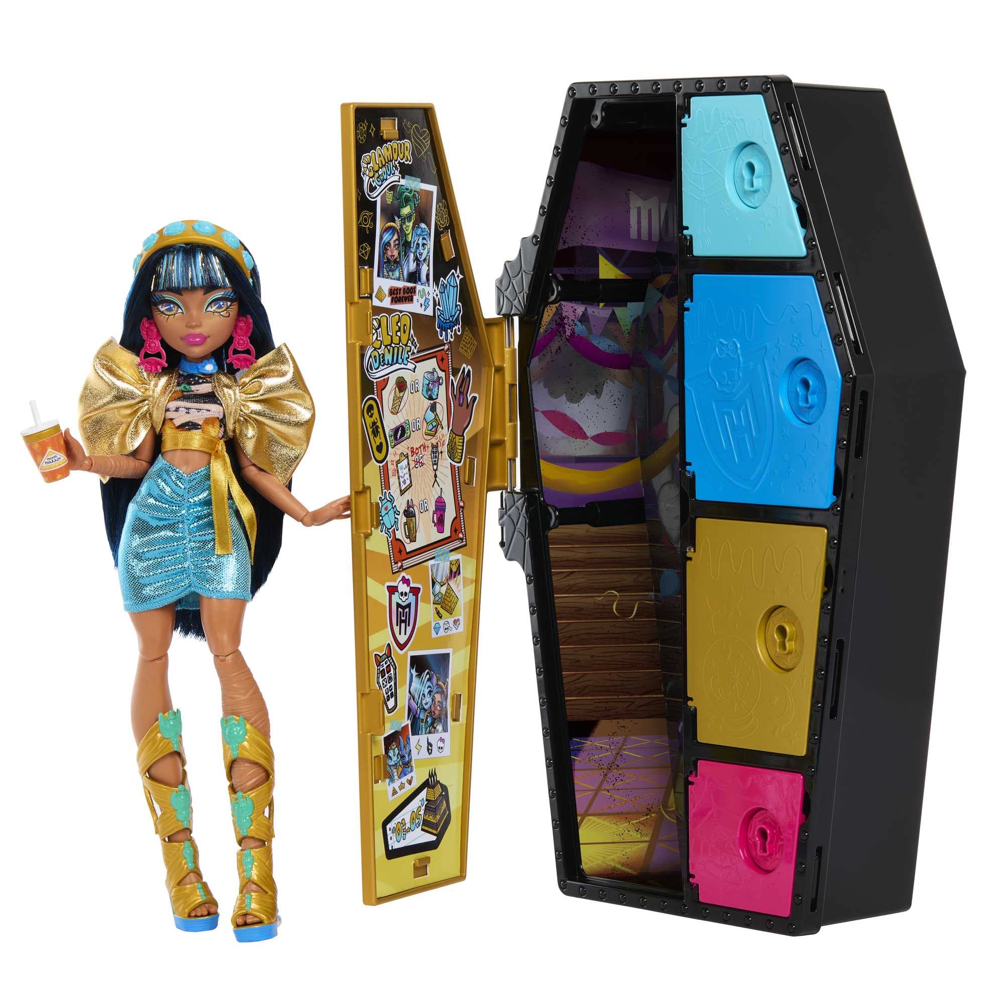 Monster High Skulltimate Secrets Cleo De Nile locker opens for storytelling and fashion storage.