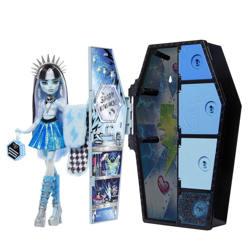Monster High Skulltimate Secrets Fearidescent Frankie Stein doll with shimmering detailing for imaginative styling.