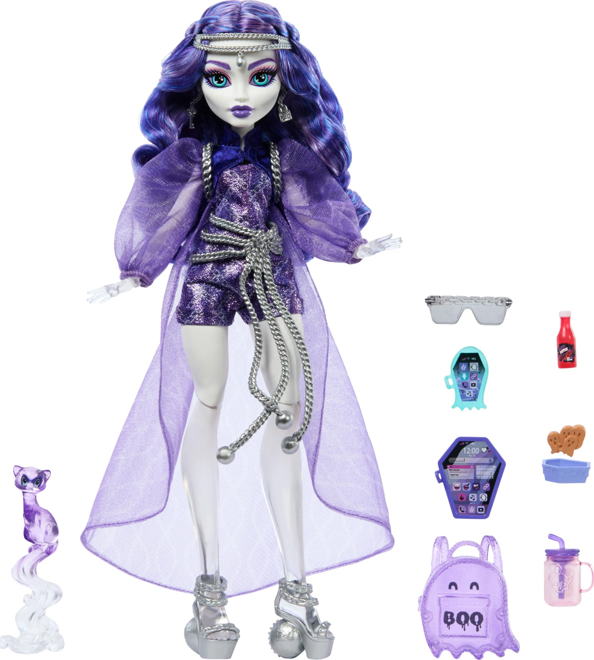 Monster High Spectra Vondergeist doll in sheer overcoat for stylish ghostly storytelling.