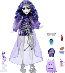 Monster High Spectra Vondergeist doll in sheer overcoat for stylish ghostly storytelling.