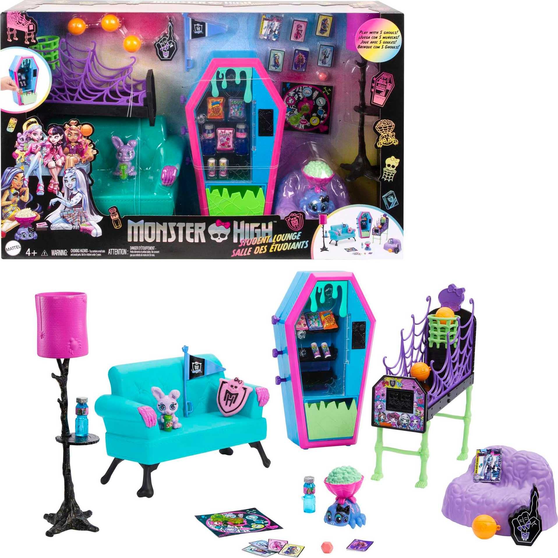 Monster High skeletal couch with ice scream shake for imaginative lounging.