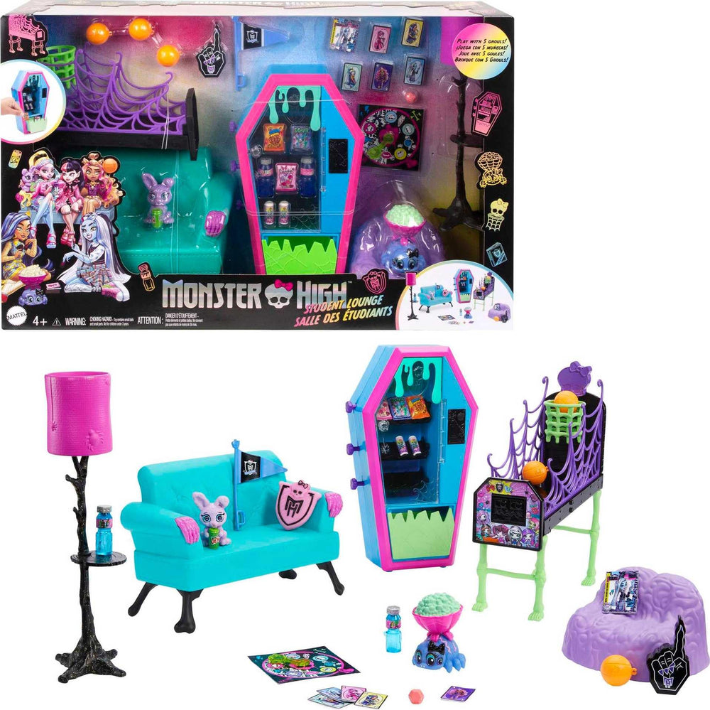 Monster High skeletal couch with ice scream shake for imaginative lounging.