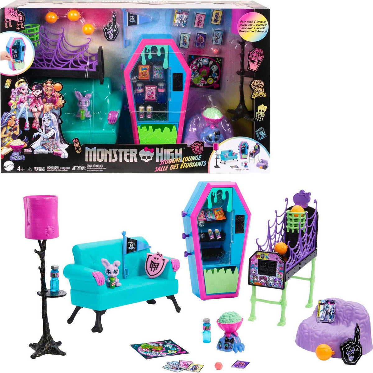 Monster High skeletal couch with ice scream shake for imaginative lounging.