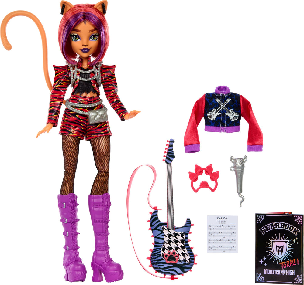 Monster High Toralei wearing a bold varsity jacket for club-style photos.
