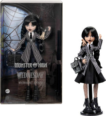 Monster High Wednesday doll in Nevermore uniform, ideal display piece for collectors.