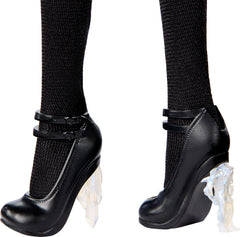 Organza skirt on Monster High Wednesday doll adds dramatic texture.