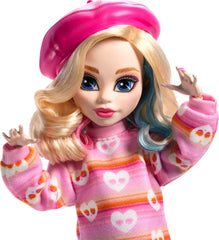 Monster High Enid Sinclair doll with striped turtleneck and plaid skirt for stylish posing.
