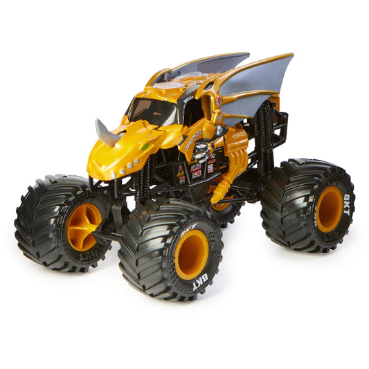 Monster Jam Dragonoid 1:24-scale truck shows graphics and detailed chassis for realism.