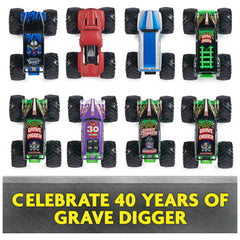 1:64-scale Grave Digger die-cast with lifelike graphics and chrome rims.
