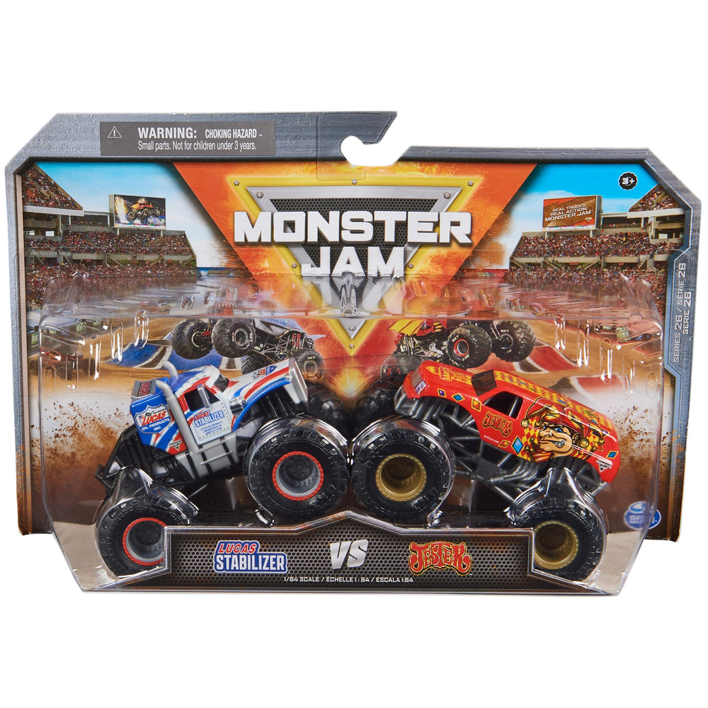 Monster Jam Lucas Stabilizer vs Jester front view with detailed 1:64 scale graphics for display