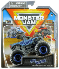 Monster Jam Blue Thunder 1:64 diecast truck with authentic graphics for display.