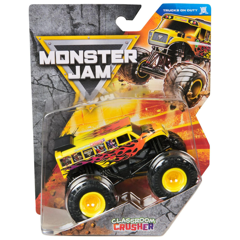 Monster Jam 2025 1:64 Classroom Crusher School Bus front view with official graphics for display.