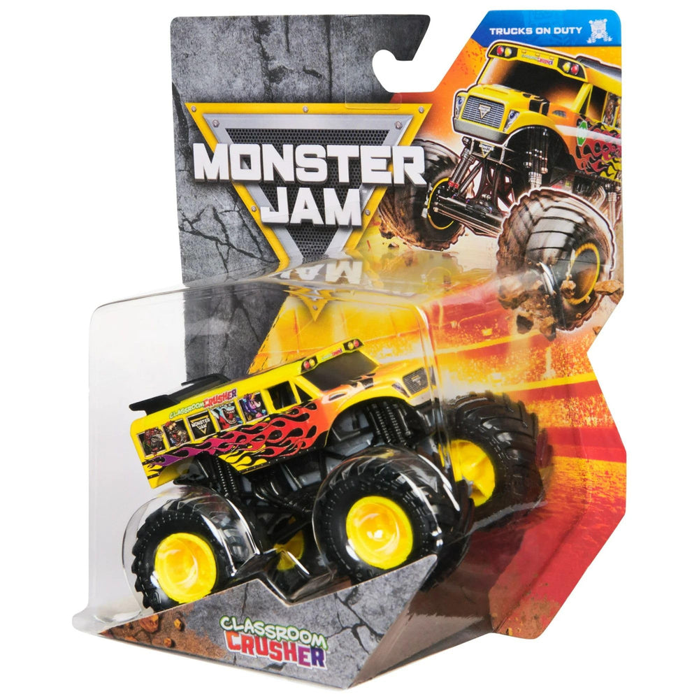 Monster Jam 2025 1:64 diecast chassis and stylized rims enhance realism.