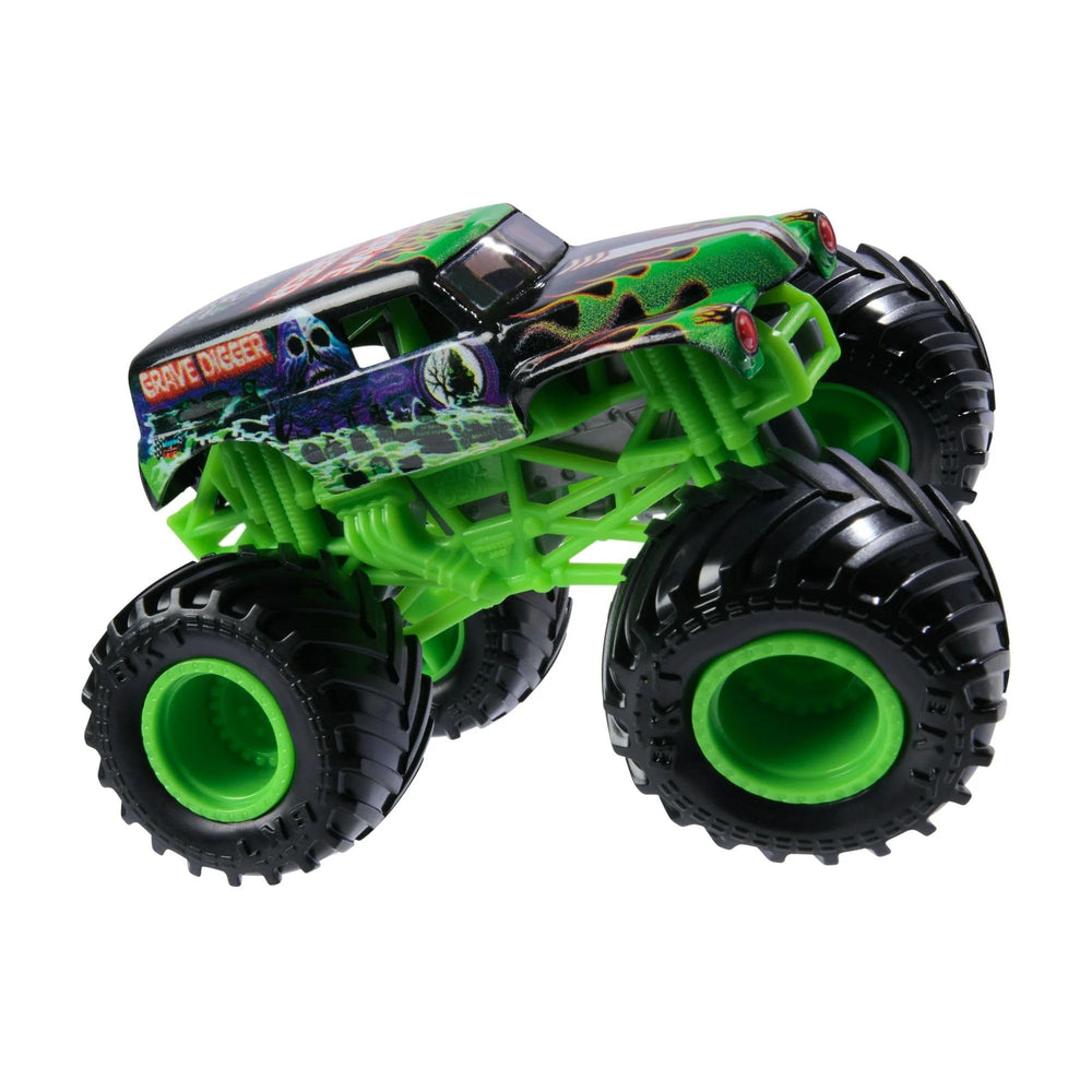 Monster Jam Grave Digger 1:64 diecast graphics close-up showing decals and chrome accents