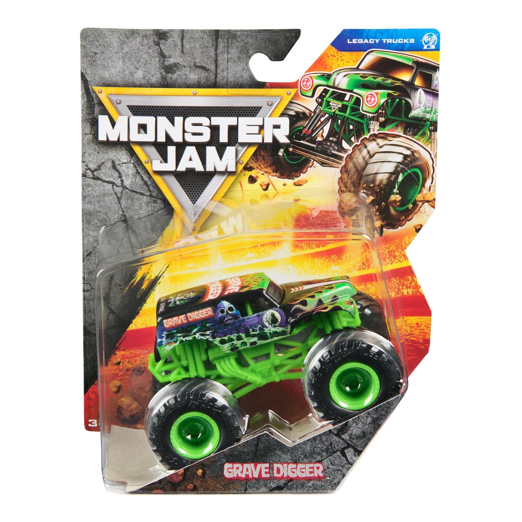 Monster Jam Grave Digger 1:64 diecast side view with authentic graphics for display and play