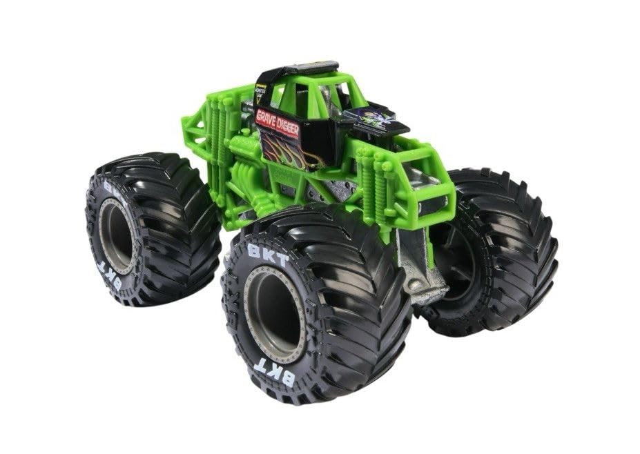 Monster Jam Grave Digger 1:64 tires close-up highlights realistic tread and grip-ready design.