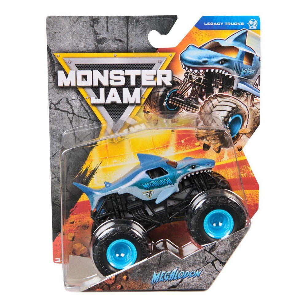 Monster Jam Megalodon 1:64 front view with bold graphics for display and play