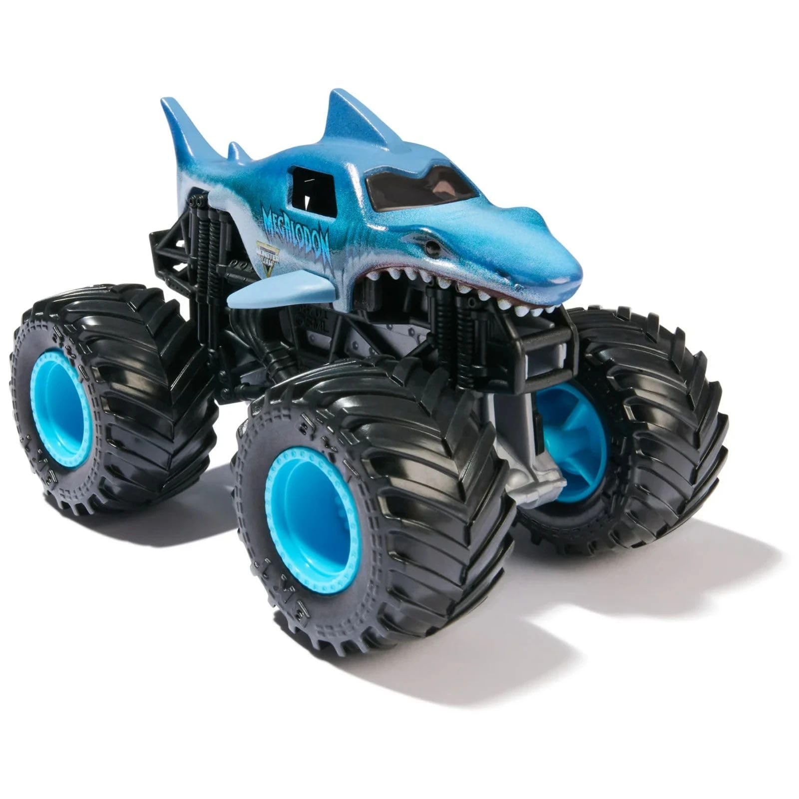 Monster Jam Megalodon 1:64 rear angle shows stylized rims for collection