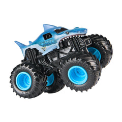Monster Jam Megalodon 1:64 side shot highlights official BKT tires for authentic play