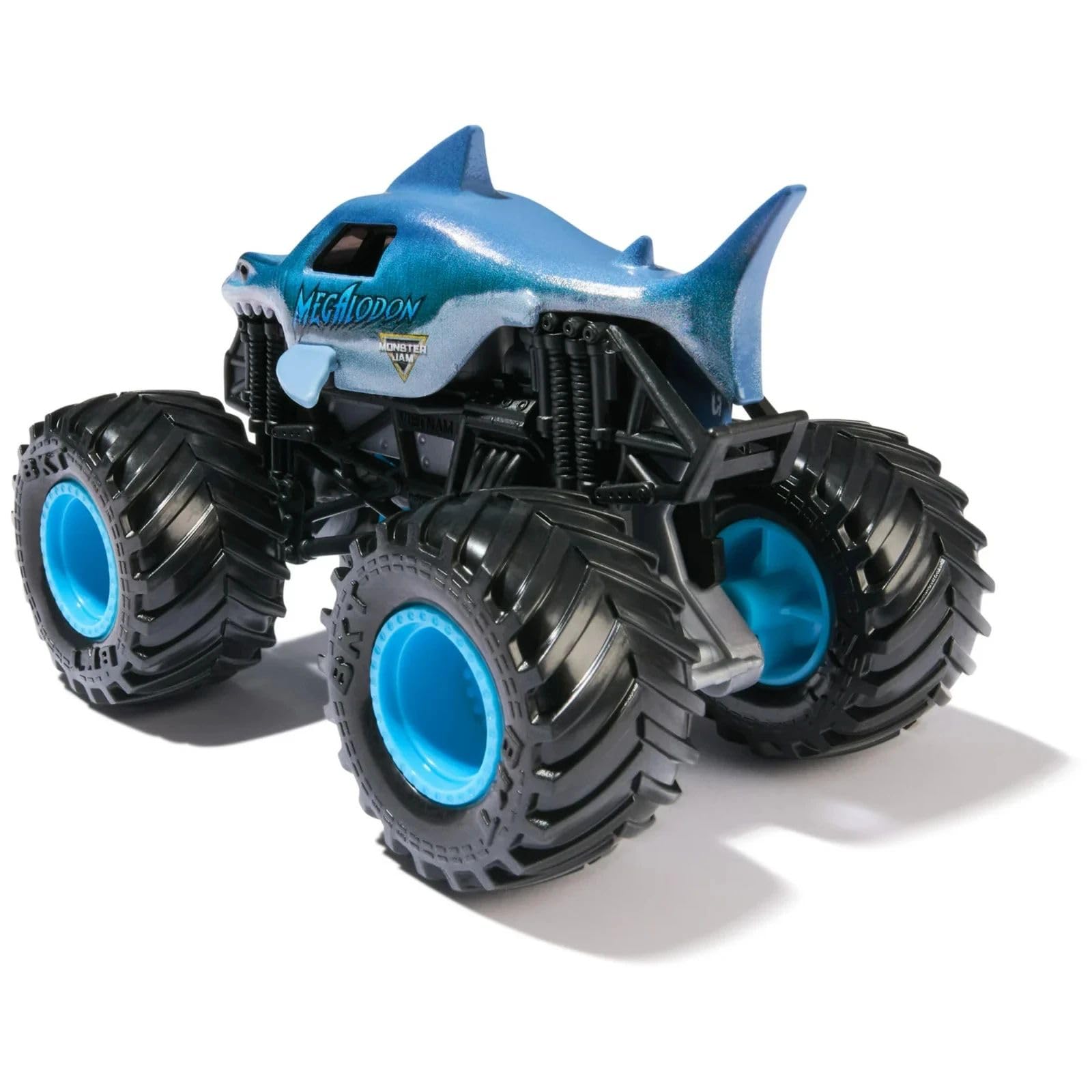 Monster Jam Megalodon 1:64 tire detail emphasizes grip-ready design for stunt fun