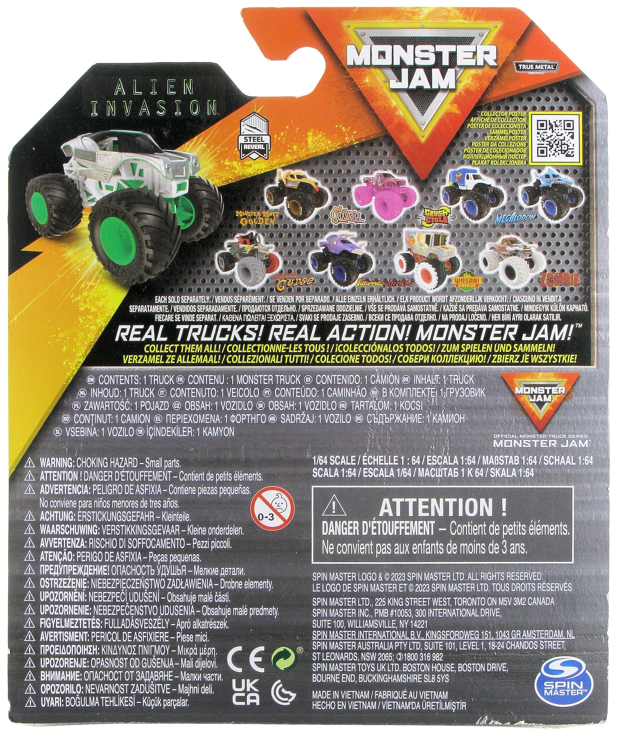 Monster Jam Alien Invasion diecast truck back view emphasizes QR poster access