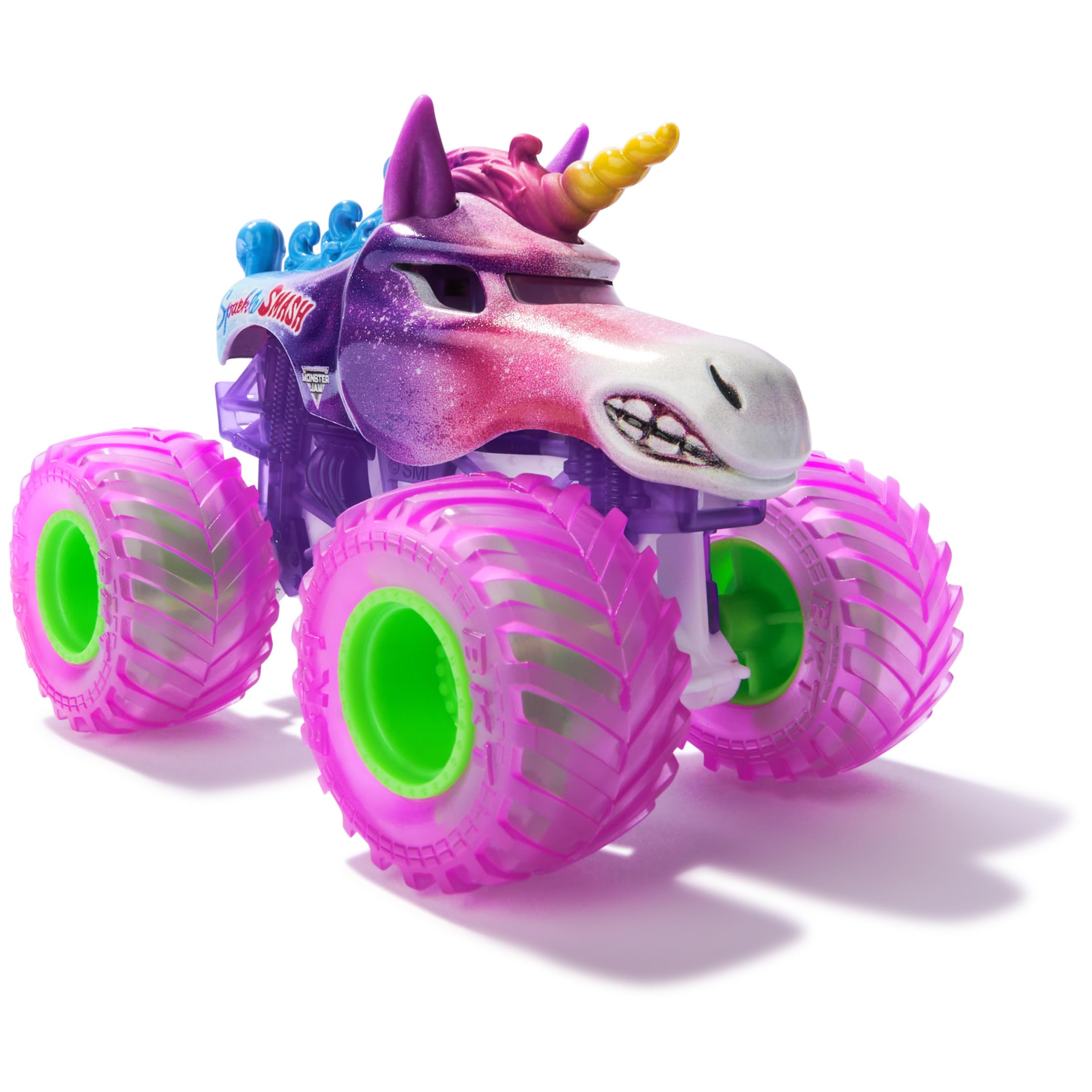 Monster Jam authentic BKT tires and die-cast detailing enhance realism during stunts.