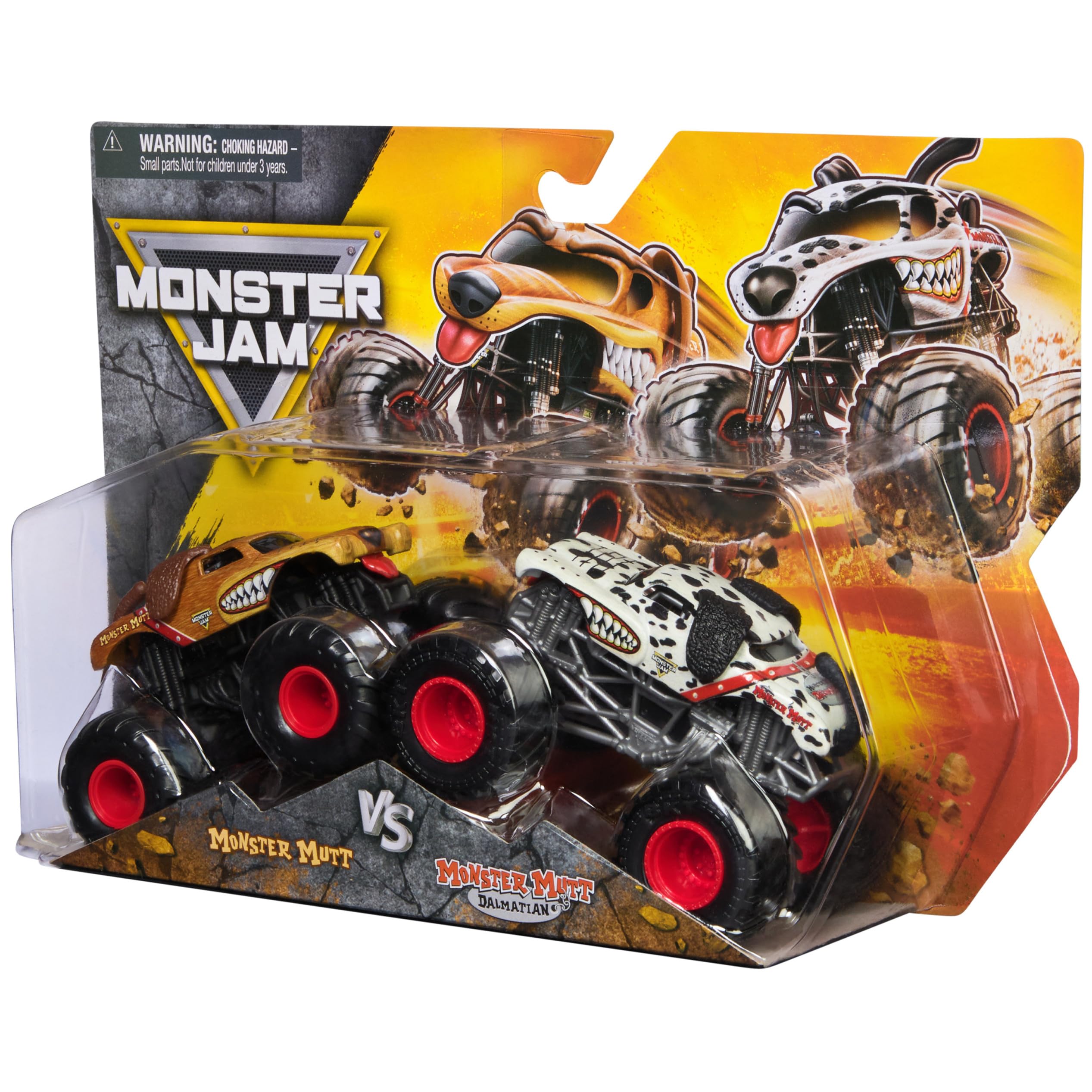 Monster Jam 1:64 scale trucks highlight authentic tires and stylized rims for display and action.