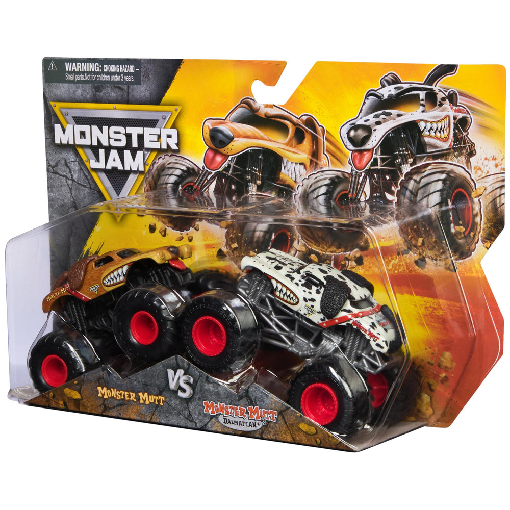 Monster Jam 1:64 scale trucks highlight authentic tires and stylized rims for display and action.