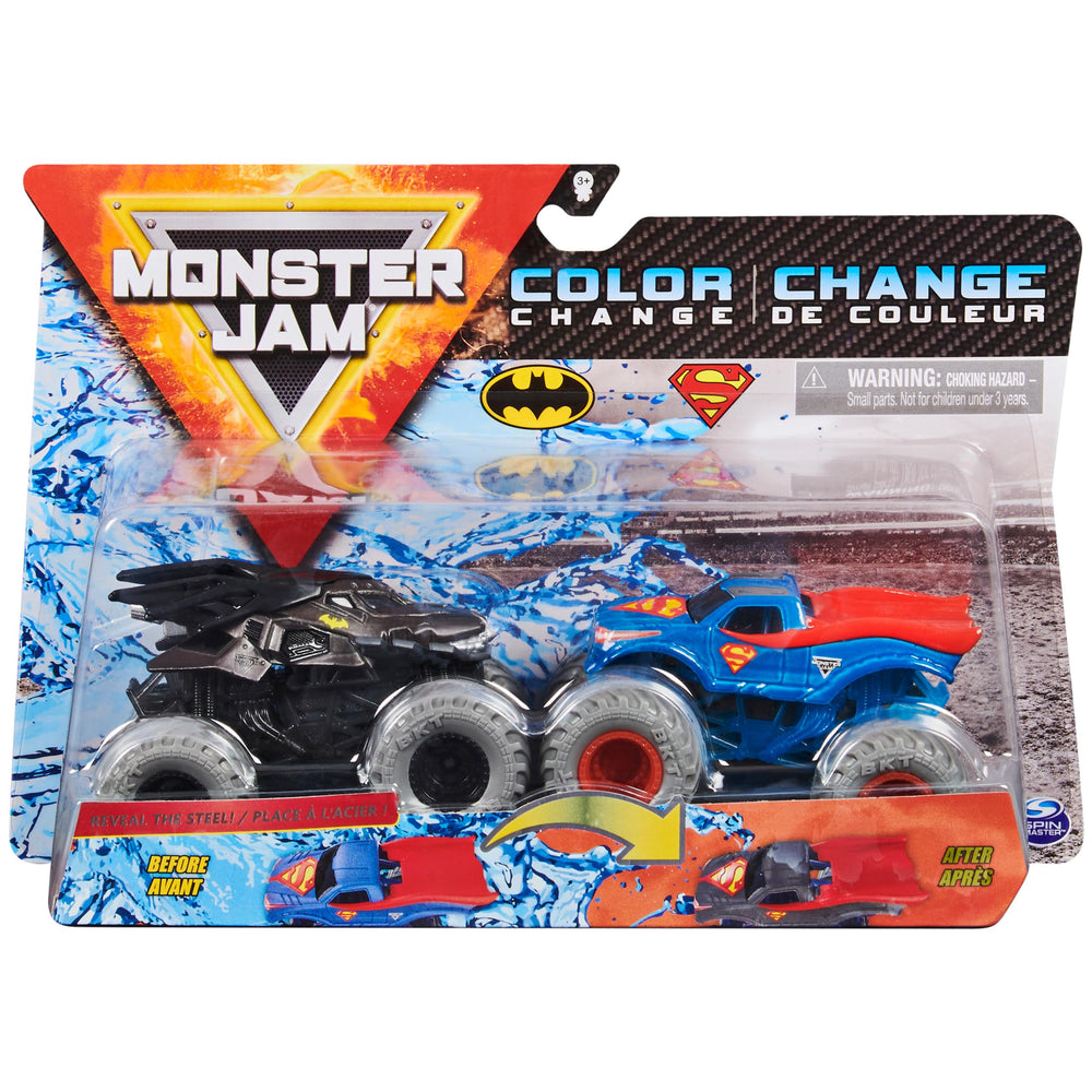 Monster Jam Batman versus Superman color-changing trucks show vivid color change in 1:64 scale.