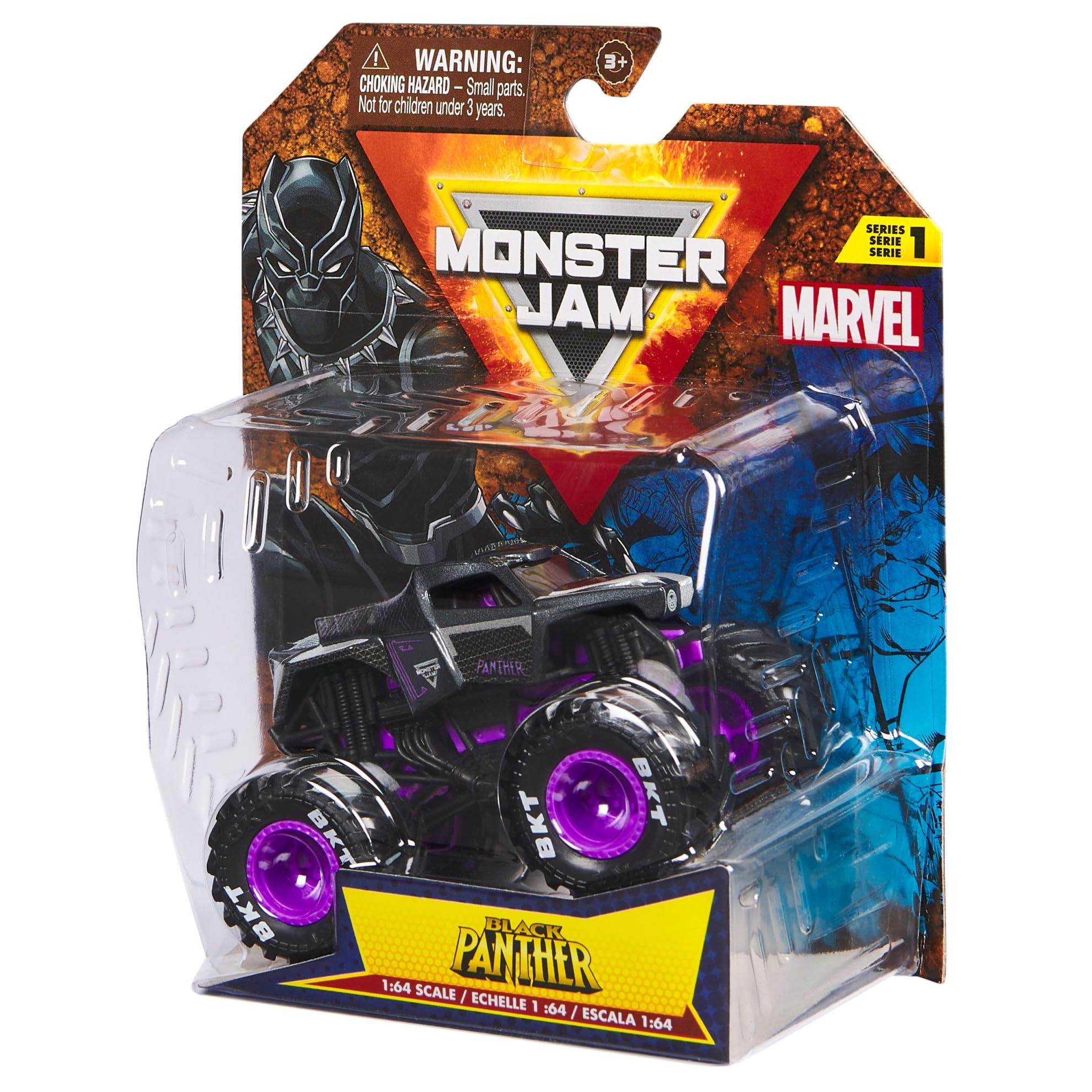 Monster Jam Black Panther 1:64 display-case art enhances shelf appeal and collectibility.