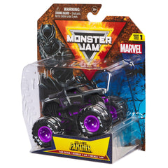 Monster Jam Black Panther 1:64 display-case art enhances shelf appeal and collectibility.