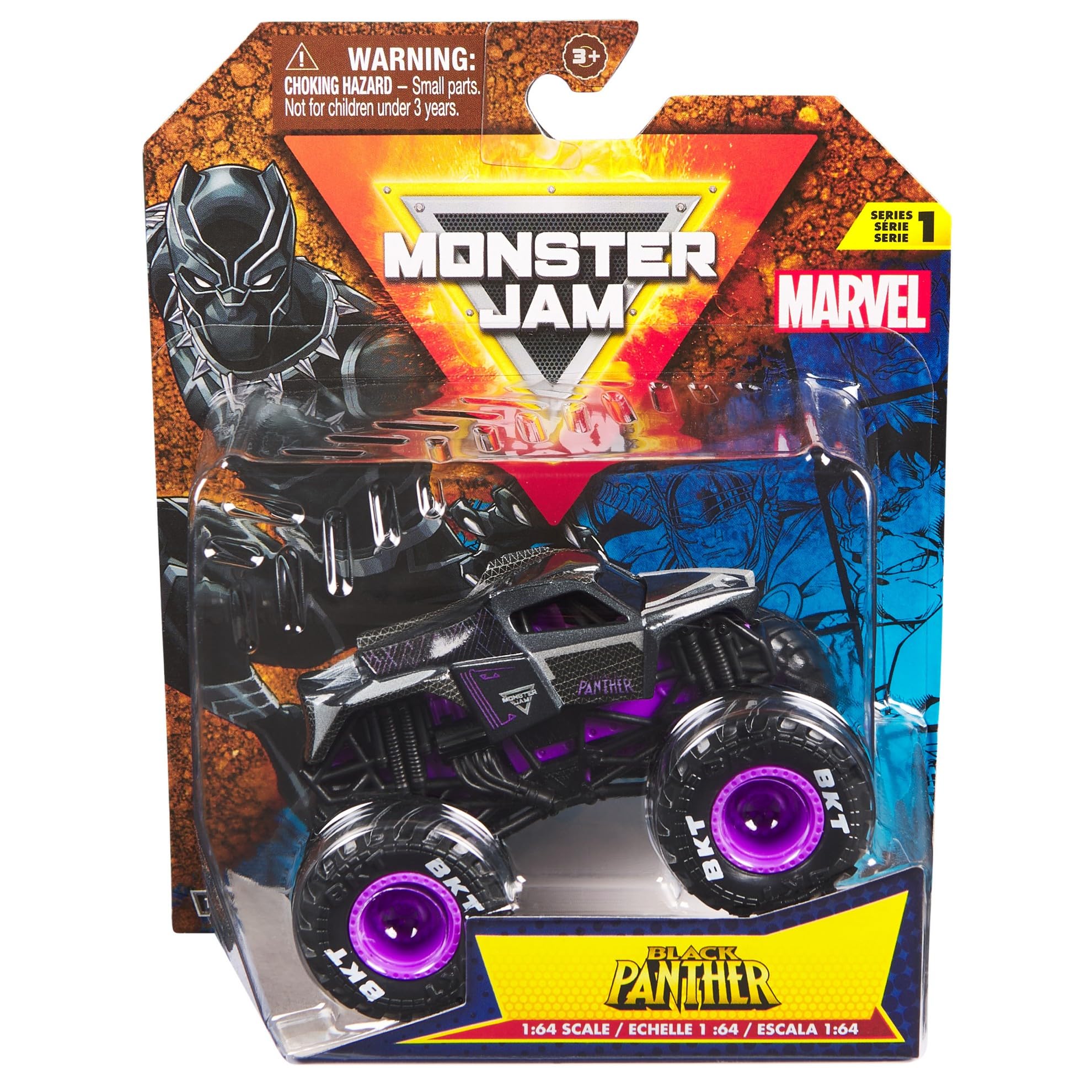Monster Jam Black Panther 1:64 front view shows bold graphics and durable die-cast build for display.