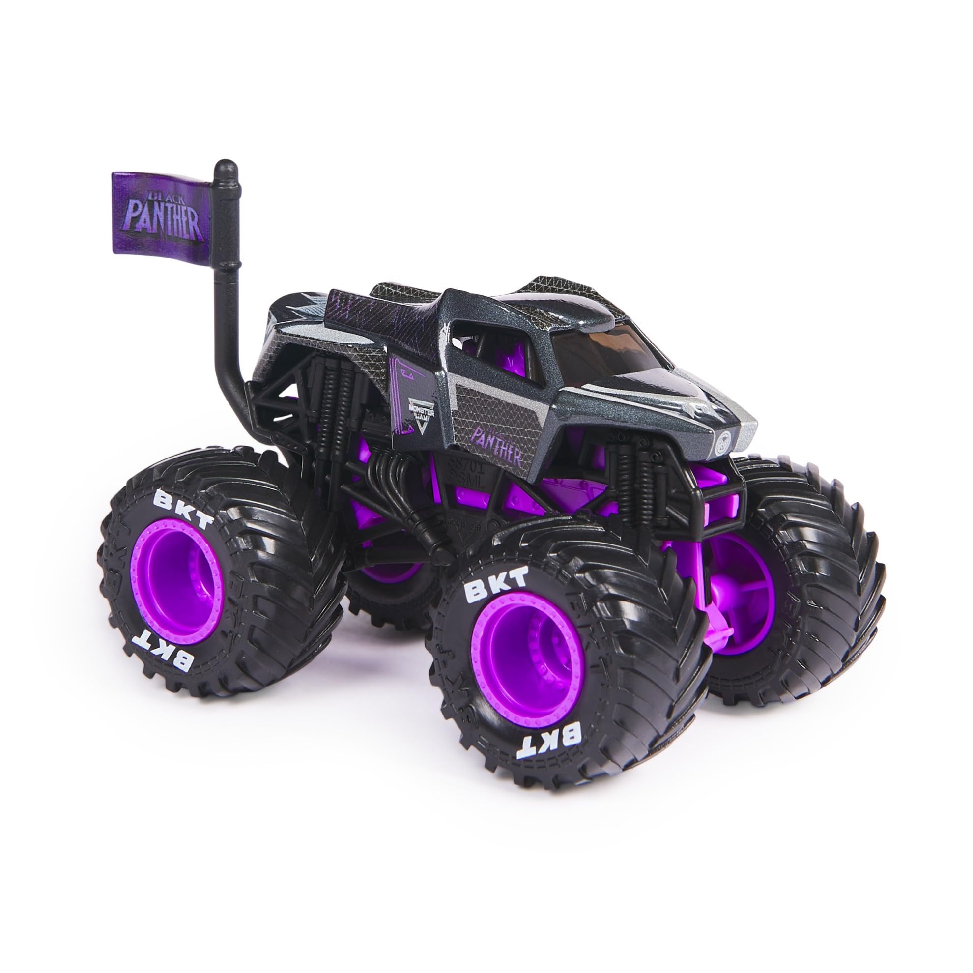 Monster Jam Black Panther 1:64 graphic emblem highlights Marvel-inspired graphics.