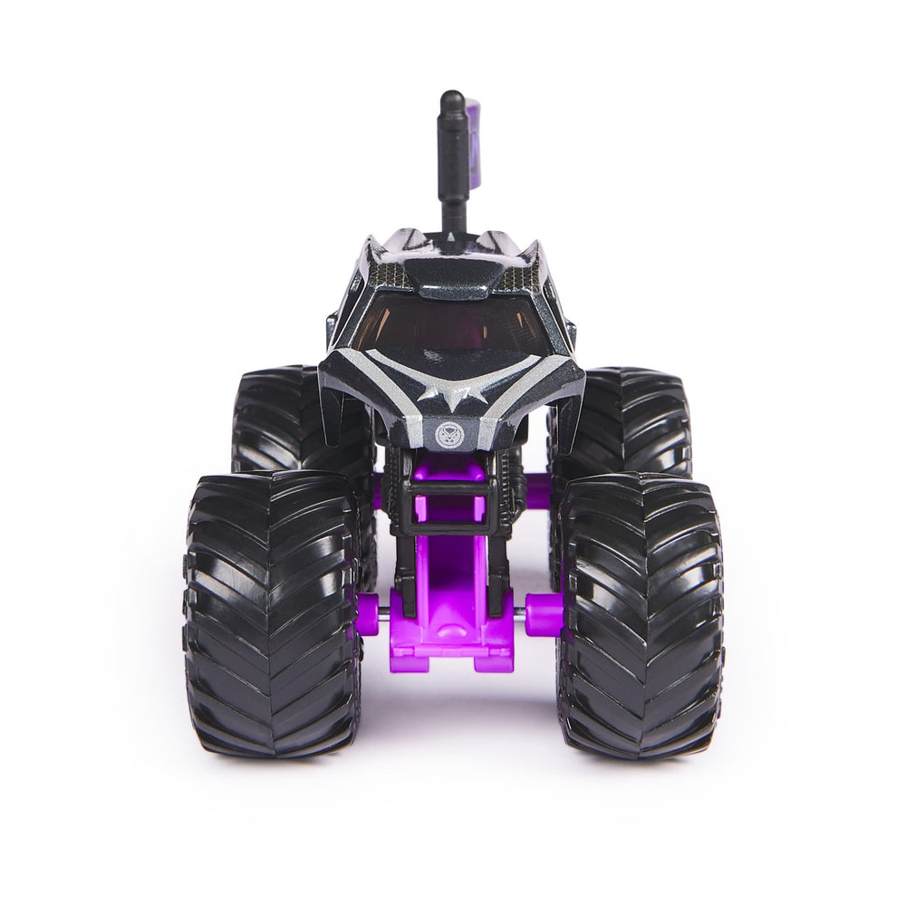 Monster Jam Black Panther 1:64 rear view highlights flag accents and branding for collectors.