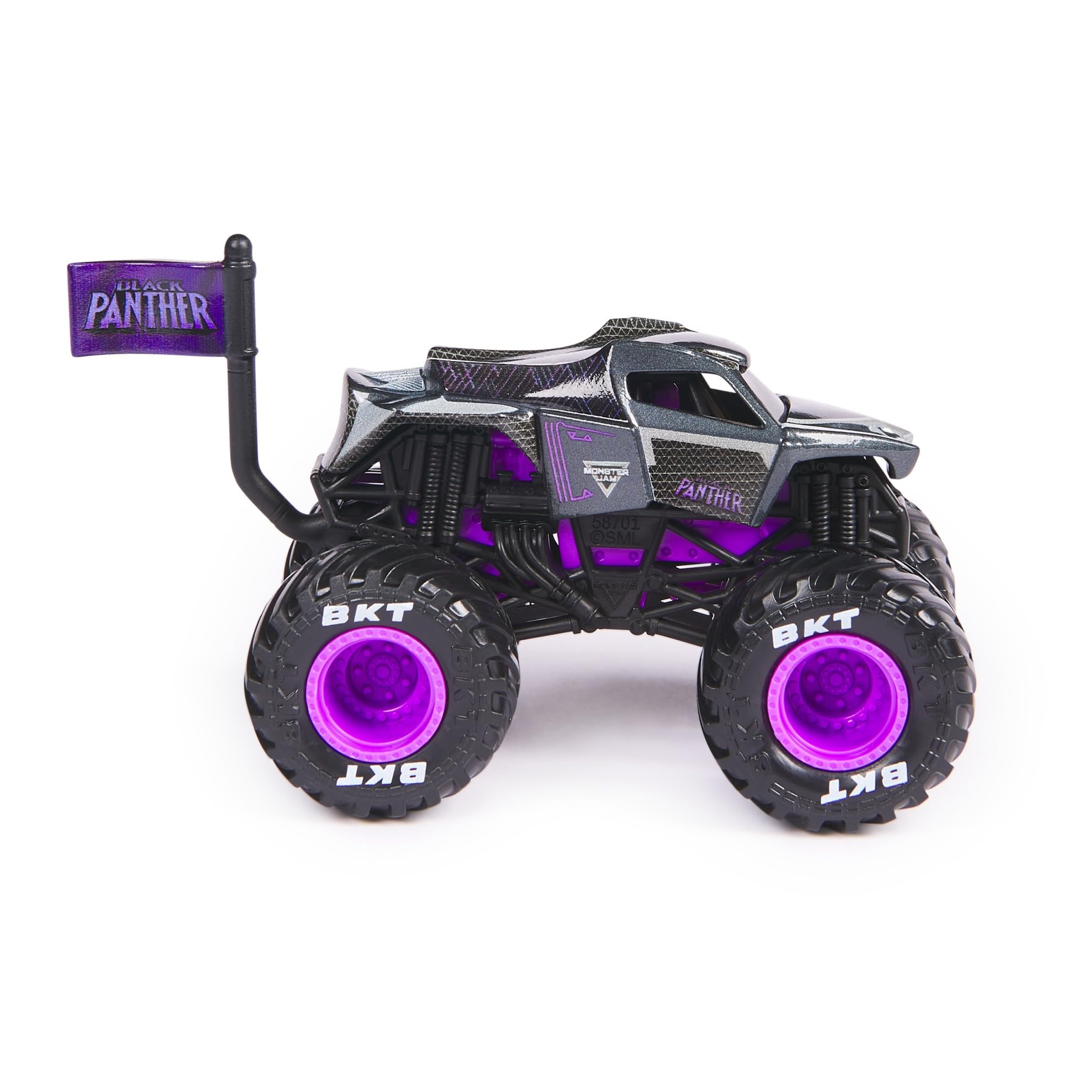 Monster Jam Black Panther 1:64 side view emphasizes dynamic stance and detailed hero-inspired graphics.